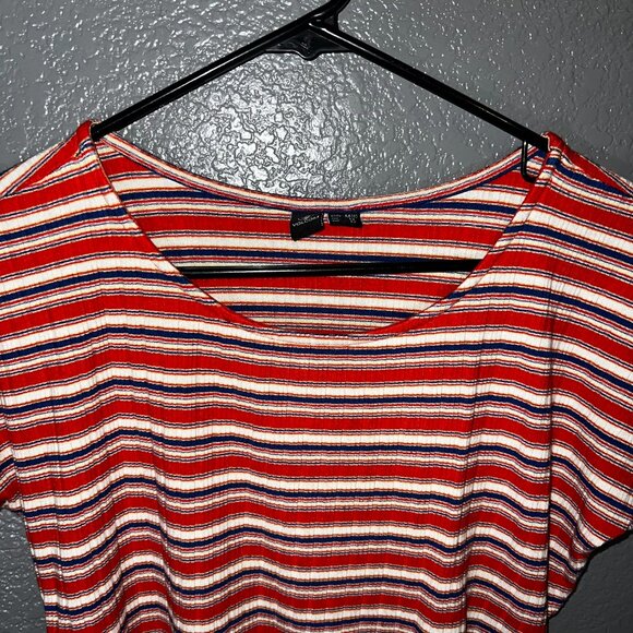Volcom Girls M 8 Striped Crop Top Red Blue Short Sleeve Ribbed Stretch Tee - Picture 2 of 8
